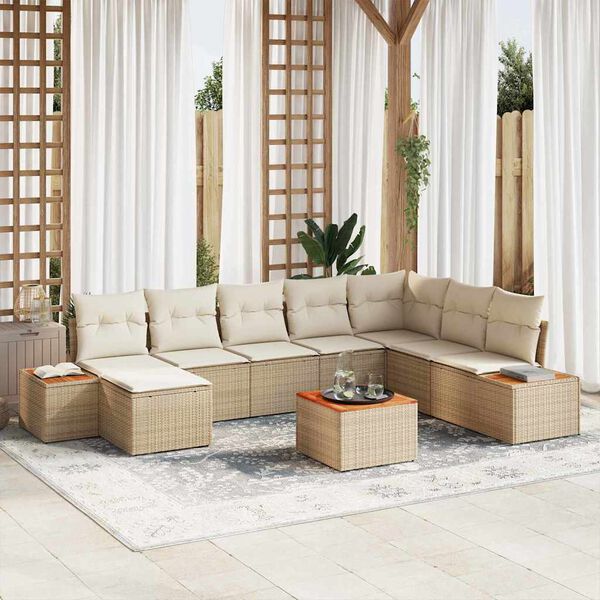 vidaXL Conjunto de sof&aacute;s de jard&iacute;n 9 pcs Beige y Crema Rat&aacute;n sint&eacute;tico