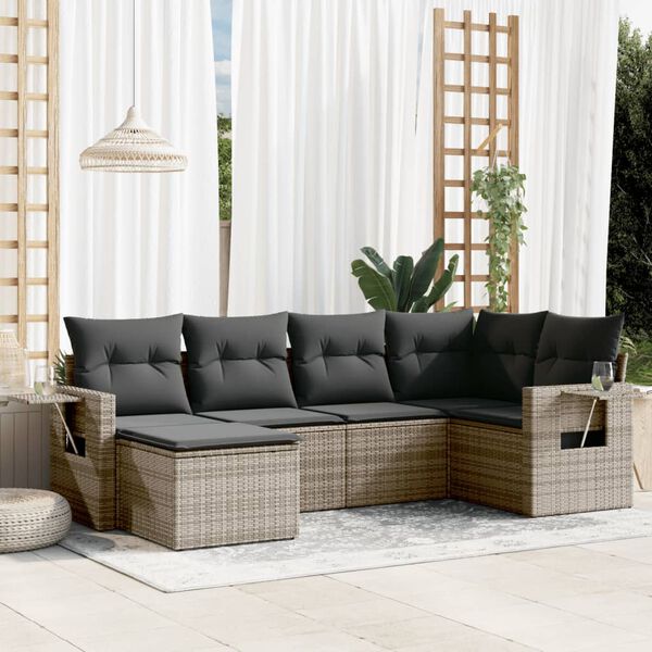 vidaXL Set de muebles de jard&iacute;n 6 pzas y cojines rat&aacute;n sint&eacute;tico gris