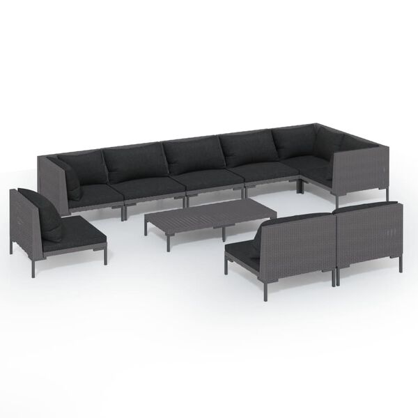 vidaXL Muebles de jard&iacute;n 10 pzas y cojines rat&aacute;n sint&eacute;tico gris oscuro