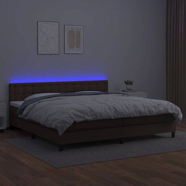 vidaXL Cama box spring colch&oacute;n y LED cuero sint&eacute;tico marr&oacute;n 200x200 cm