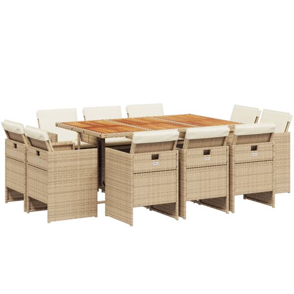 vidaXL Set comedor de jard&iacute;n 11 pzas con cojines rat&aacute;n sint&eacute;tico beige