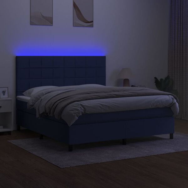 vidaXL Cama box spring colch&oacute;n y luces LED tela azul 160x200 cm