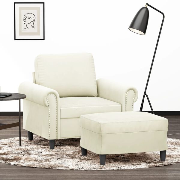 vidaXL Sill&oacute;n con taburete terciopelo crema 60 cm
