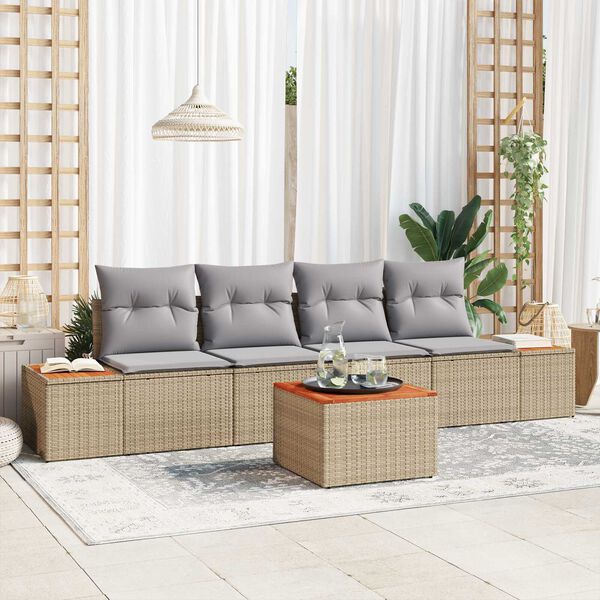 vidaXL Conjunto de sof&aacute; de jard&iacute;n con coj&iacute;n 5 pcs Beige Polirat&aacute;n