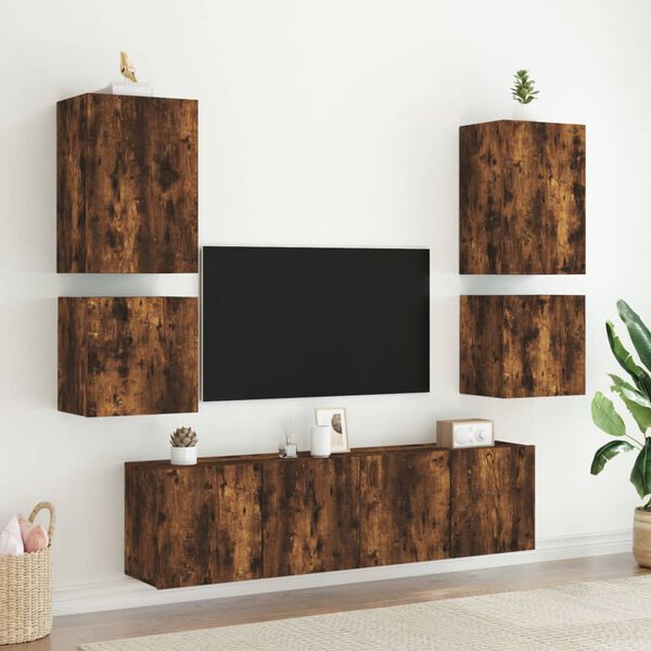 vidaXL Muebles de TV de pared 6 pzas madera ingenier&iacute;a roble ahumado