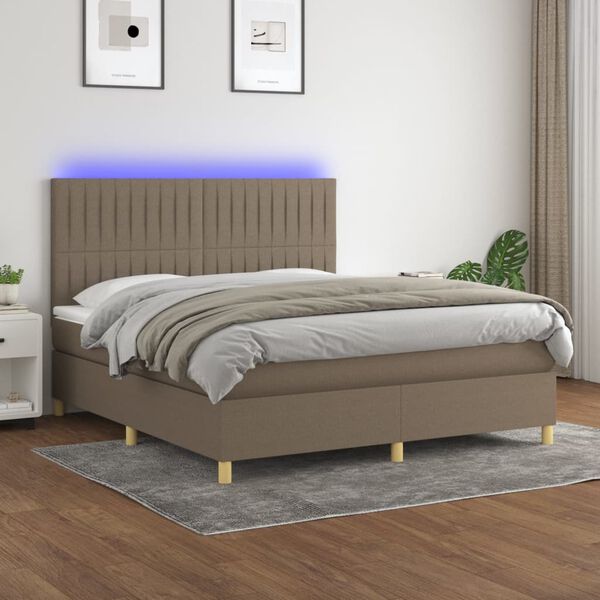 vidaXL Cama box spring colch&oacute;n y luces LED tela gris taupe 180x200 cm