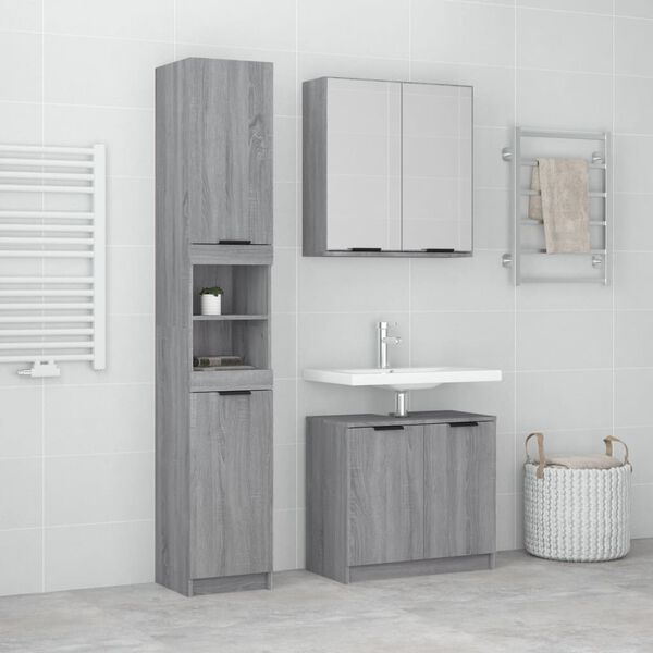 vidaXL Set de muebles de ba&ntilde;o 3 pzas madera contrachapada gris sonoma