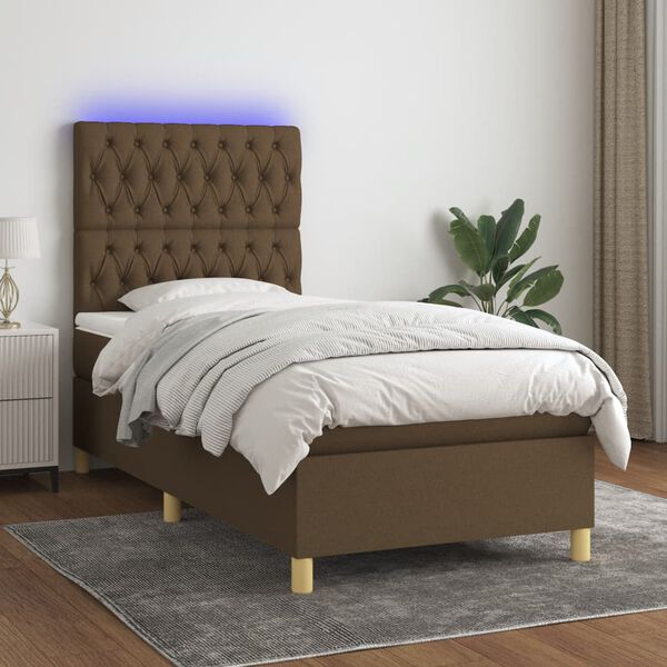 vidaXL Cama box spring colch&oacute;n luces LED tela marr&oacute;n oscuro 100x200cm