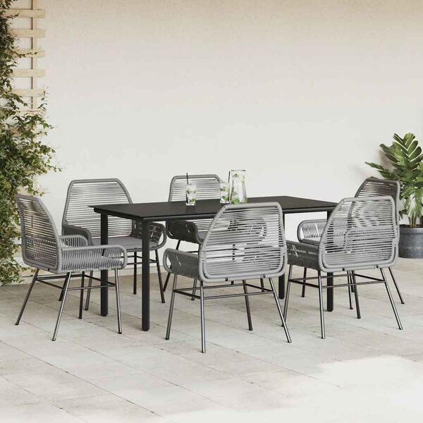 vidaXL Juego comedor jard&iacute;n 7 pzas cojines rat&aacute;n sint&eacute;tico vidrio gris
