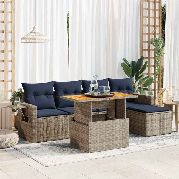 vidaXL Set de muebles de jard&iacute;n 6 pzas y cojines rat&aacute;n sint&eacute;tico gris
