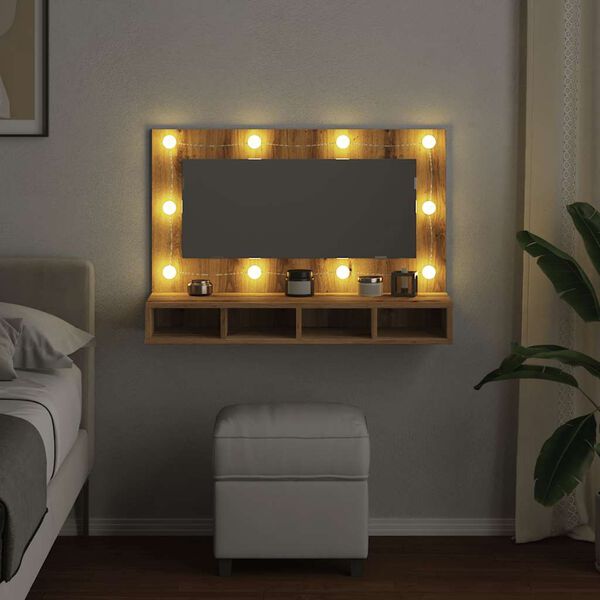 vidaXL Armario con espejo y LED Roble Artesano 90x31,5x62 cm