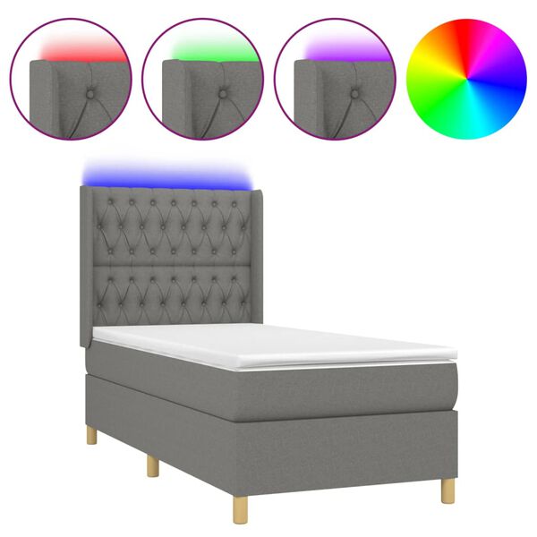 vidaXL Cama box spring colch&oacute;n y luces LED tela gris oscuro 90x190 cm