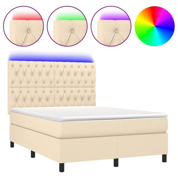 vidaXL Cama box spring colch&oacute;n y luces LED tela crema 140x190 cm