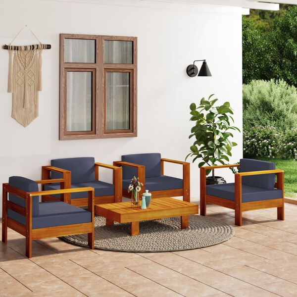 vidaXL Muebles de jardín madera maciza 5 pzas con cojines gris oscuro