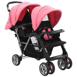 vidaXL Carrito para 2 ni&ntilde;os tandem de acero rosa y negro