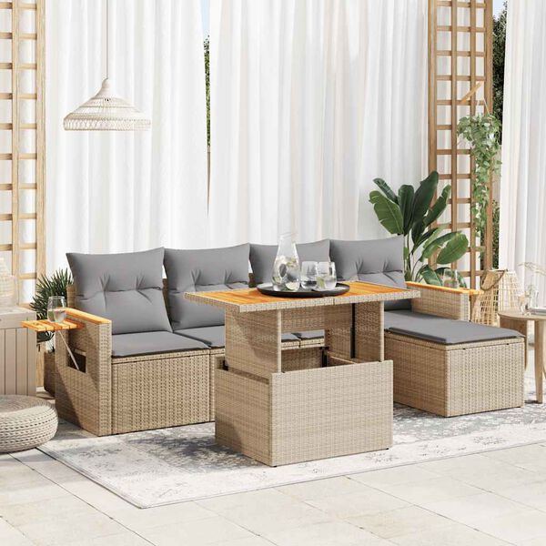 vidaXL Set sof&aacute;s jard&iacute;n y cojines 6 pzas rat&aacute;n sint&eacute;tico acacia beige