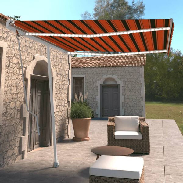 vidaXL Toldo autom&aacute;tico LED sensor de viento naranja marr&oacute;n 300x250 cm