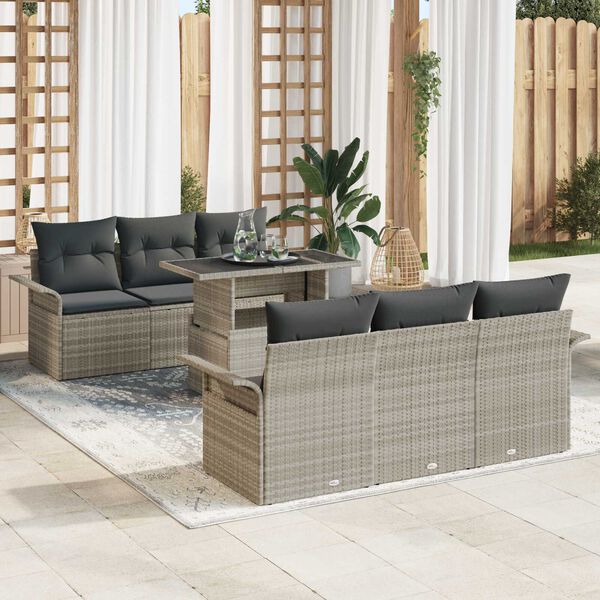 vidaXL Conjunto de sof&aacute; de jard&iacute;n 7 pcs Gris Claro Rattan de Poli&eacute;ster