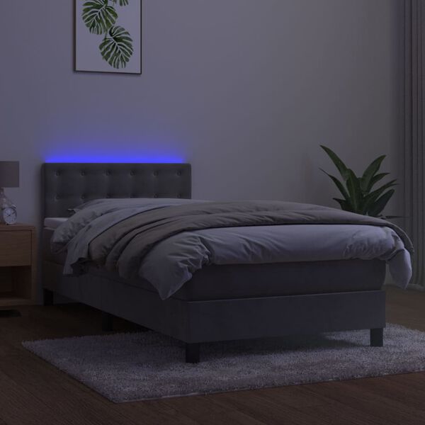 vidaXL Cama box spring colch&oacute;n y LED terciopelo gris claro 90x190 cm