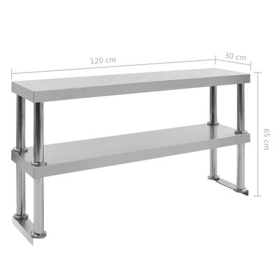 vidaXL Estante mesa de trabajo 2 niveles acero inoxidable 120x30x65 cm