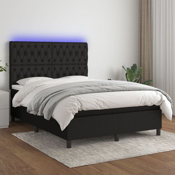 vidaXL Cama box spring colch&oacute;n y luces LED tela negro 140x200 cm