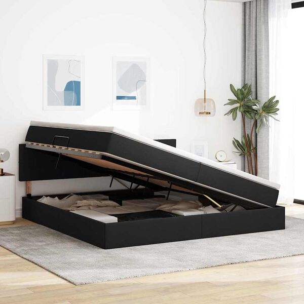 vidaXL Cama con almacenamiento y LED Negro 200 x 200 cm Poli&eacute;ster