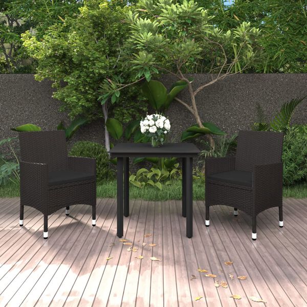 vidaXL Set comedor de jard&iacute;n 3 pzas y cojines rat&aacute;n sint&eacute;tico y vidrio