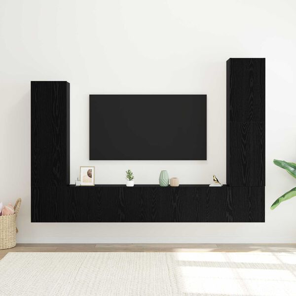 vidaXL Conjunto de mueble de TV 4 pcs Roble Negro Madera de ingenier&iacute;a
