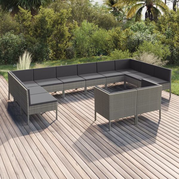 vidaXL Set de muebles de jard&iacute;n 12 pzas y cojines rat&aacute;n sint&eacute;tico gris
