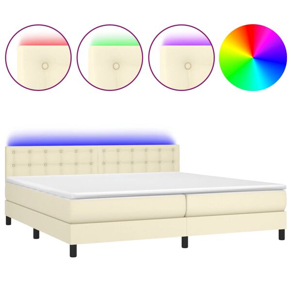 vidaXL Cama box spring colch&oacute;n y LED cuero sint&eacute;tico crema 200x200 cm