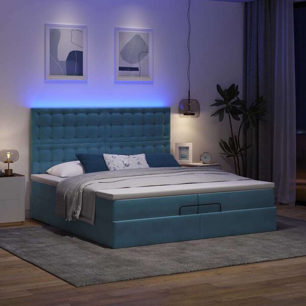 vidaXL Cama otomana con colchones y luces LED azul oscuro 200x200 cm