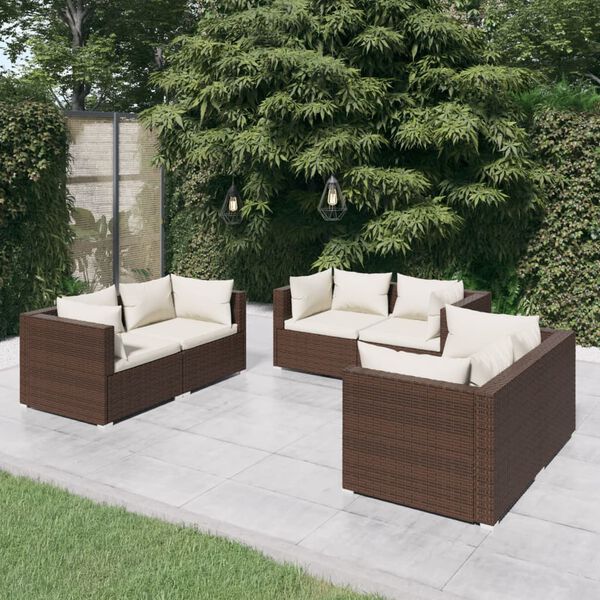 vidaXL Set muebles de jard&iacute;n 6 pzas y cojines rat&aacute;n sint&eacute;tico marr&oacute;n