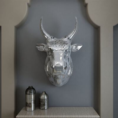 vidaXL Cabeza de vaca decorativa para pared de aluminio plateado