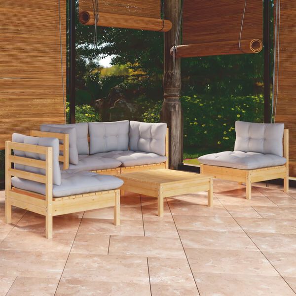 vidaXL Juego de muebles de jardín 5 pzas y cojines madera maciza pino