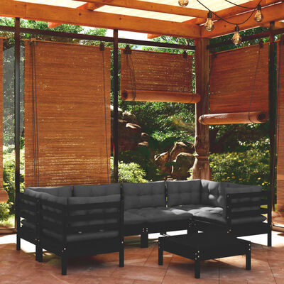vidaXL Muebles de jardín 7 pzas con cojines negro madera de pino