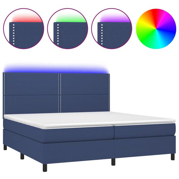 vidaXL Cama box spring colch&oacute;n y luces LED tela azul 200x200 cm