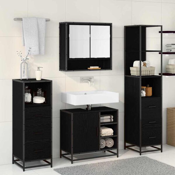 vidaXL Juego de muebles de ba&ntilde;o 4 pcs Roble Negro Madera de ingenier&iacute;a