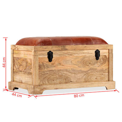 vidaXL Banco de almacenamiento madera maciza cuero real 80x44x44 cm