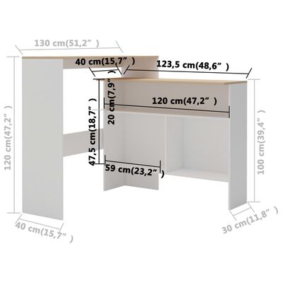 vidaXL Mesa alta de bar con 2 tableros blanco y roble 130x40x120 cm