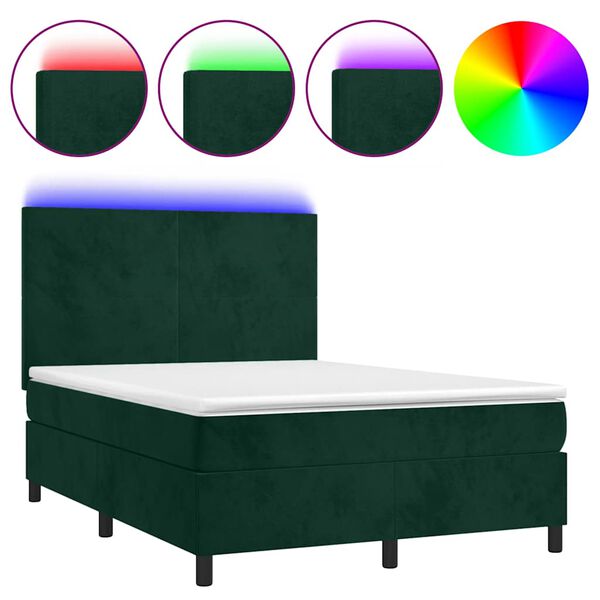 vidaXL Cama box spring colch&oacute;n y LED terciopelo verde oscuro 140x190cm