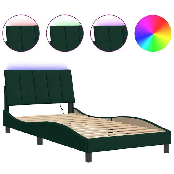 vidaXL Estructura de cama con LED sin colch&oacute;n Hanko terciopelo verde oscuro 100x200 cm