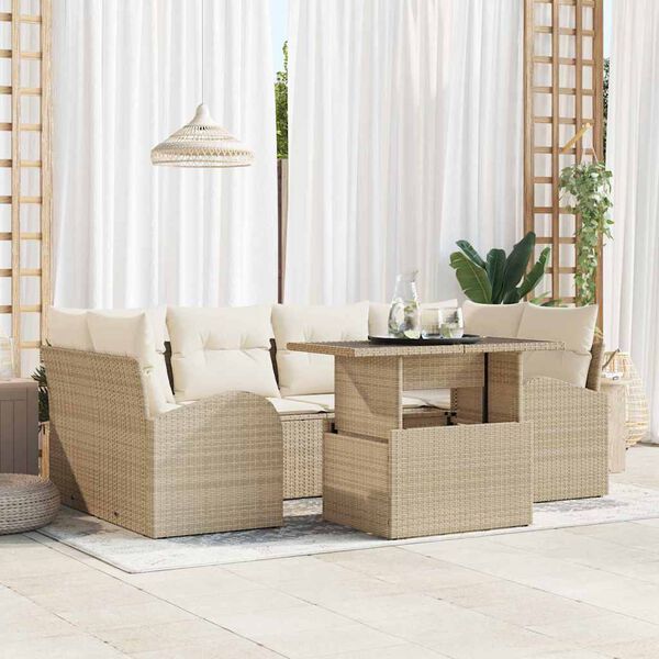 vidaXL Conjunto de sof&aacute; de jard&iacute;n con coj&iacute;n 7 pcs Beige Polirat&aacute;n