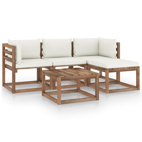 vidaXL Set de muebles de jard&iacute;n 5 piezas bamb&uacute; y cojines blanco crema