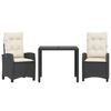 vidaXL Set comedor de jard&iacute;n 3 pzas con cojines rat&aacute;n sint&eacute;tico negro