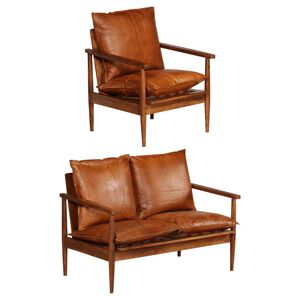 vidaXL Set sof&aacute;s 2 pzas marr&oacute;n cuero aut&eacute;ntico y madera de acacia