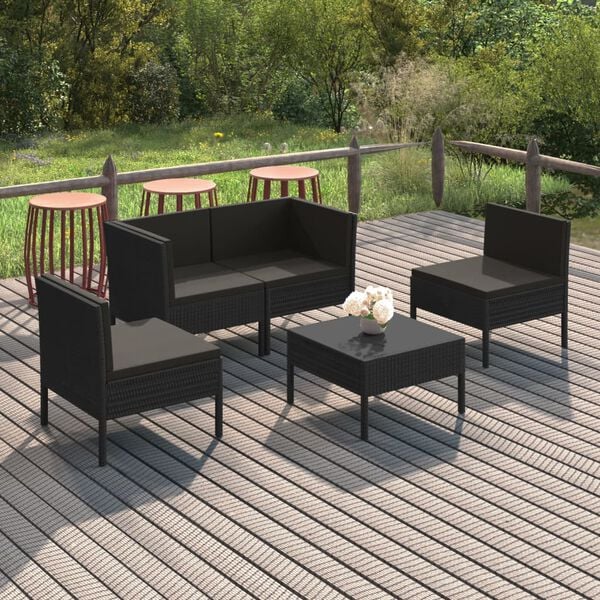vidaXL Set de muebles de jard&iacute;n 5 pzas y cojines rat&aacute;n sint&eacute;tico negro