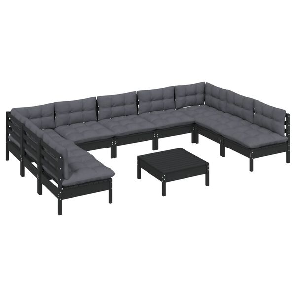 vidaXL Muebles de jard&iacute;n 10 pzas y cojines negro madera maciza de pino