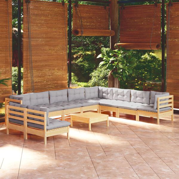 vidaXL Juego de muebles de jardín 11 pzas y cojines madera maciza pino