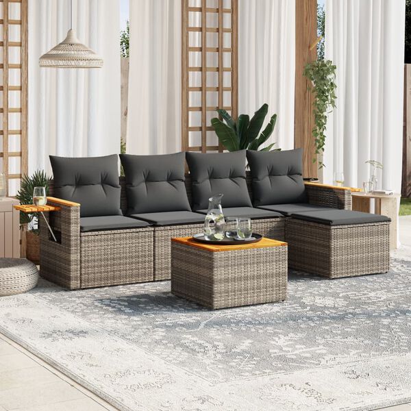 vidaXL Set de muebles de jard&iacute;n 6 pzas y cojines rat&aacute;n sint&eacute;tico gris