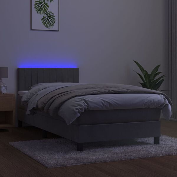 vidaXL Cama box spring colch&oacute;n y LED terciopelo gris claro 90x200 cm